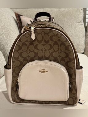 Coach Brown Signature Canvas Backpack with Cream Leather Trim